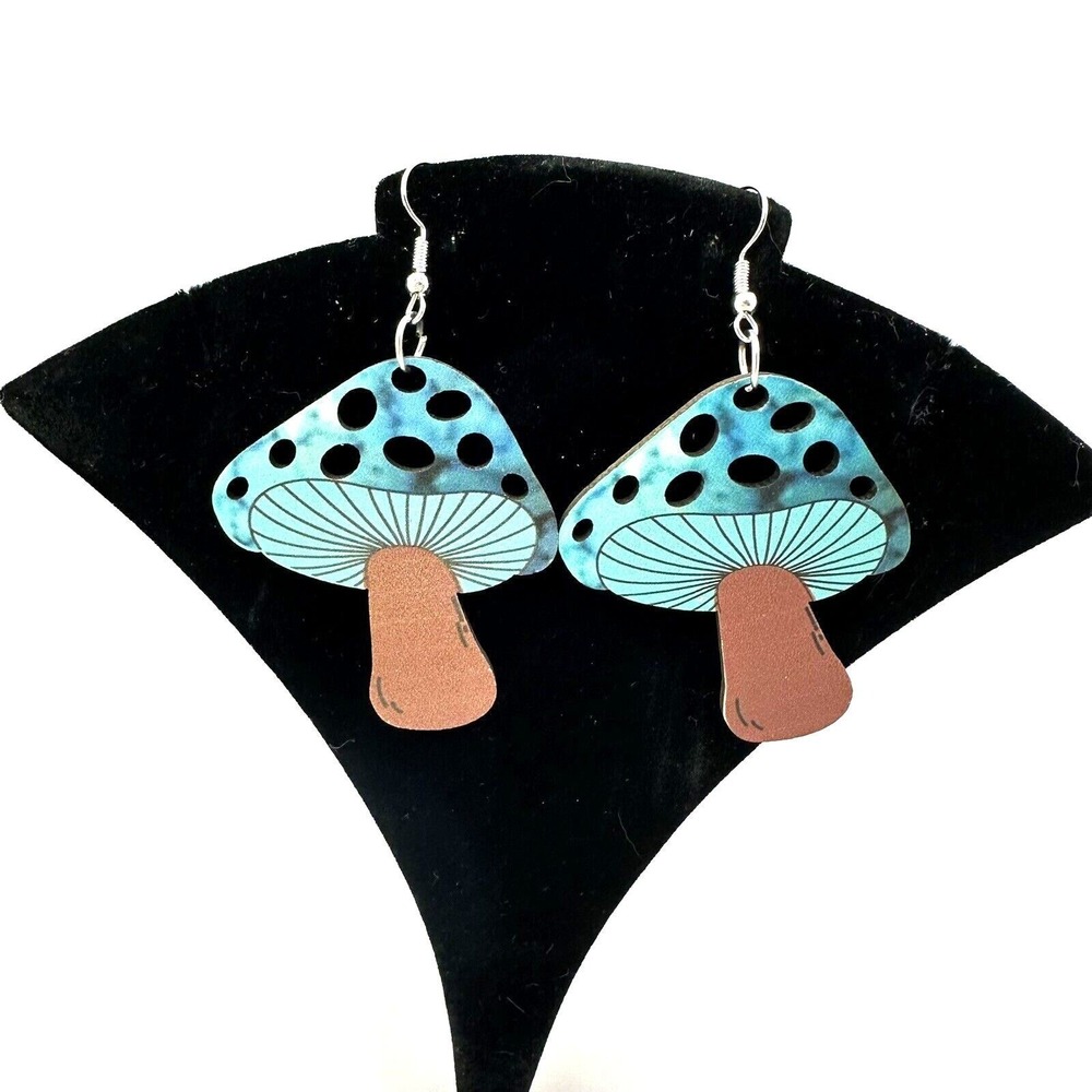Blue Mushroom Earrings Dangle‎ Drop Whimsical Fungi Jewelry Women - Picture 7 of 7